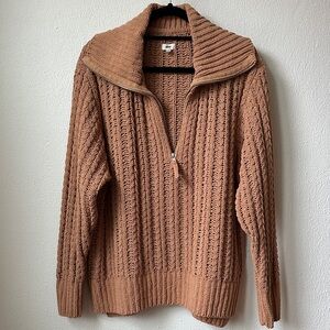 aerie Zip-Up Cable Knit Sweater in Camel Brown